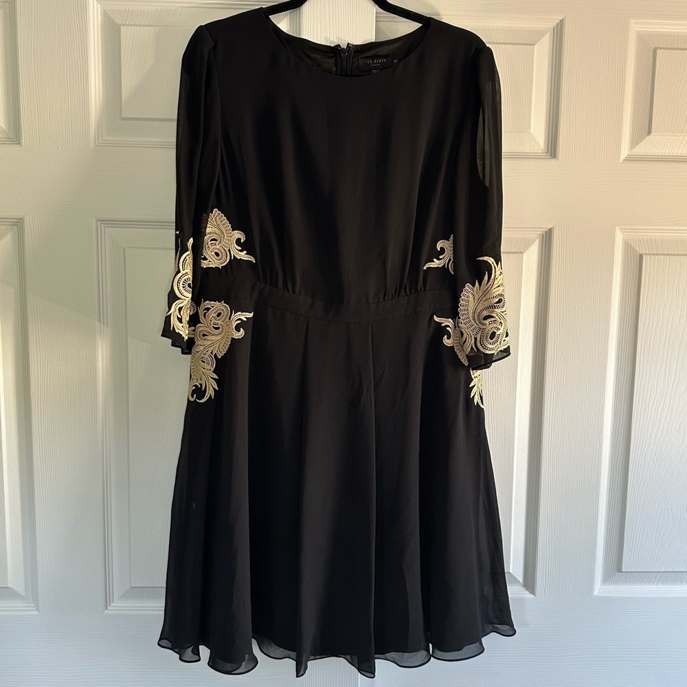 Ted Baker London Black 3/4 Sleeve Fit & Flare Mini Dress | Gold Embroidery | 5